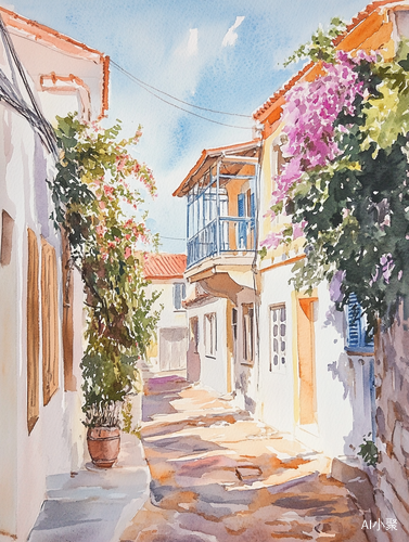 Detailed Watercolor Painting of Cyprus Architecture and Greek Houses