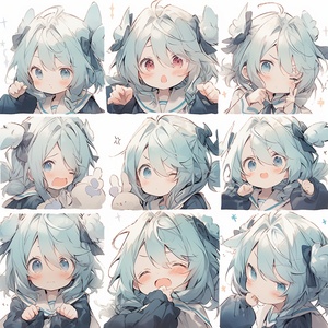 A Q version of the cute Little girl, classical elegance, A gown of blue, with a diverse range of expressions, 9 poses and expressions [dizziness, happiness, anger, crying, sadness, cuteness, anticipation, disappointment, and shyness, sleepiness, eating, expressing lovel, Arranged in a nine-palace grid, neatly aligned, half-body illustrations, Set against a pure white background, illustrations, sticker art design, this illustrated cartoon character exhibits intricate details and an adorable style