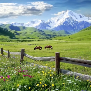 远处的雪山，山下是青青的草原，草原牧场，围栏，两匹马儿在草原悠闲吃草，艳丽的鲜花盛开在草原上，风和日丽的阳光照耀在大地上，如画一样美丽，摄影佳作，极高清，逼真，细腻