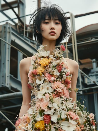 Asian Woman in Floral Dress at Steel Factory Cover Shoot