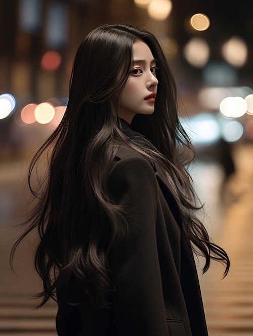 An extremely beautiful Korean woman with long hair, wearing black and gray woolen pants, walking alone on the street at night. The photo captures her from the waist up to her head, showcasing an elegant side view of her face. She has exquisite facial features, a melancholic expression, and is illuminated by soft lighting that highlights her skin texture. There is also a traffic light icon in the background, creating a mysterious atmospheret