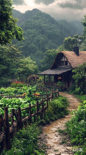 古朴农舍与菜园中的细雨风景