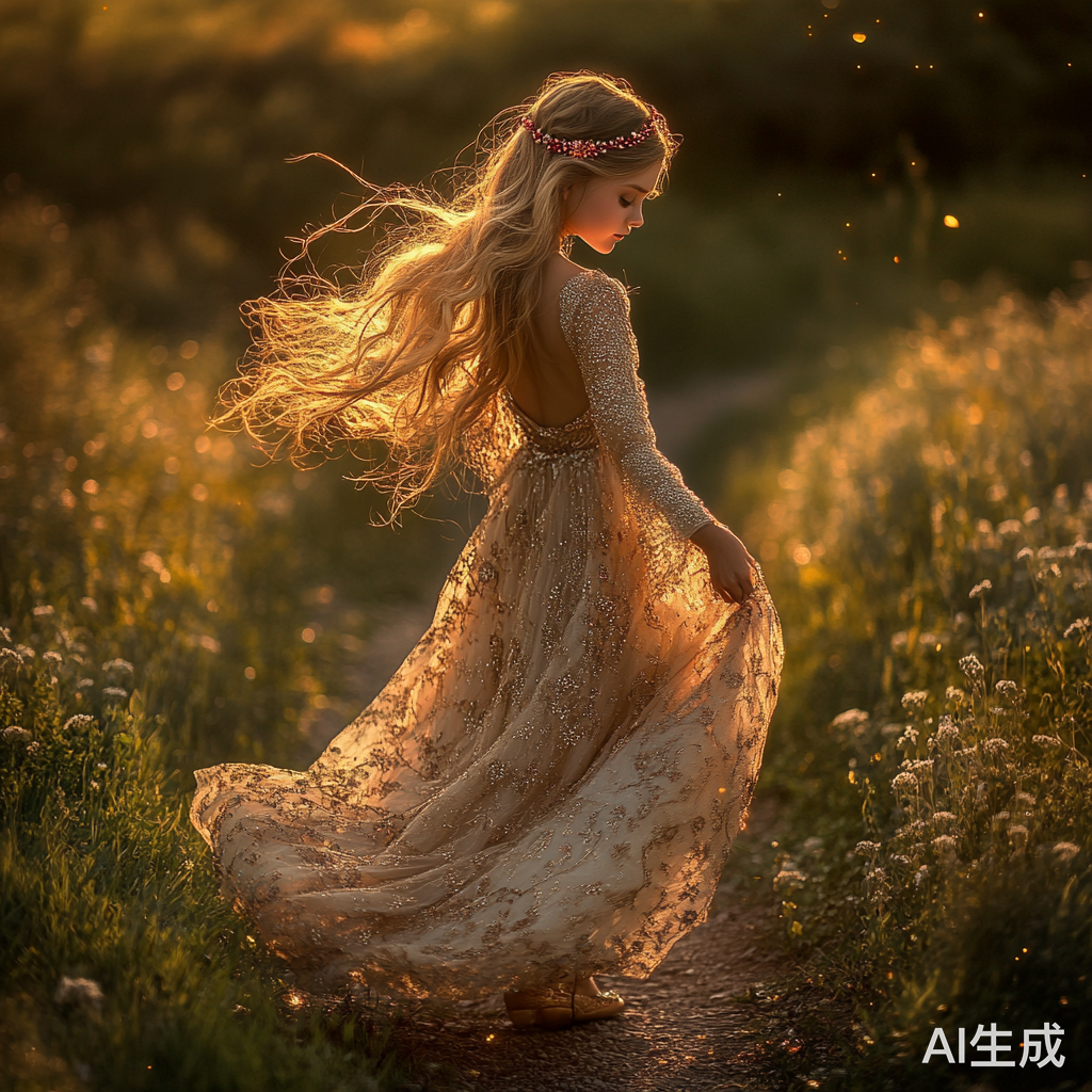 美丽少女在夕阳下绿草地上的华丽身影