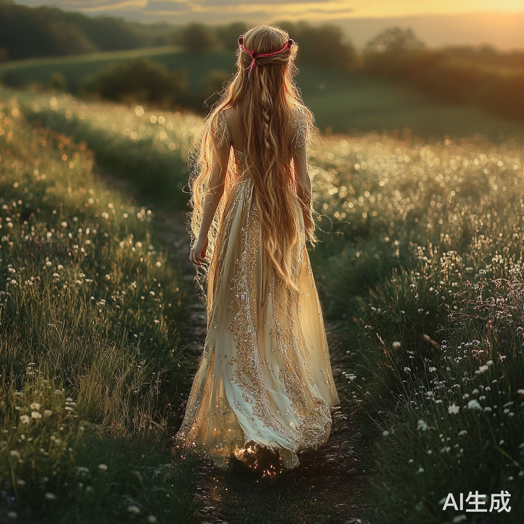 美丽少女在夕阳下绿草地上的华丽身影