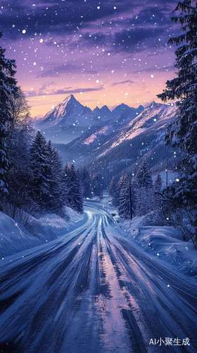 梦幻夜色下的冬日公路银装素裹的冰雪世界