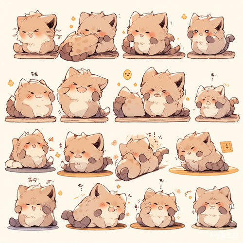 胖胖黑白小猫的九种姿势与表情线条艺术贴纸