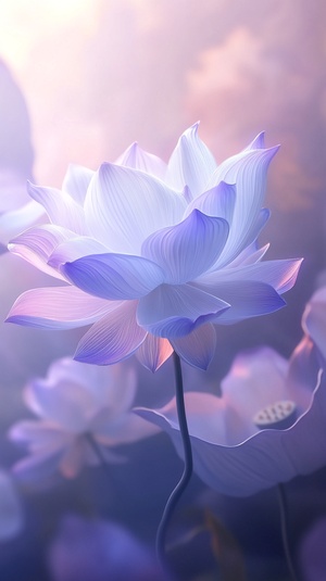 ight purple background, a translucent lotus flower, delicate petals, floating in the air, fluid effects, ethereal cloud scenery, glowing particles, delicate materials, smooth lines, silk materials, light gray and violet tones, 3d rendering, C4D style rendering, Ultra HD, soft lighting to create romantic emotions.ar 9:16 v 6.0