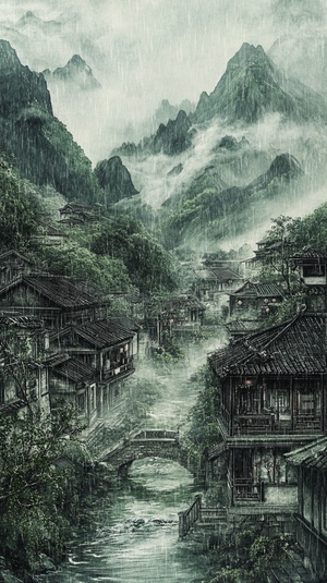 世外桃源，四合院，绿水青山，小桥流水，烟雨蒙蒙，炊烟袅袅