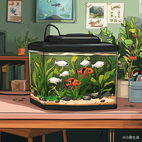 透明鱼缸里的六只白色蚂蚁儿童卡通插画