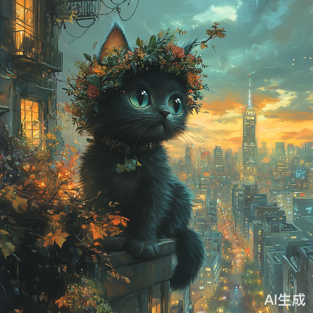 秋天城市中外卖小猫戴花环骑行