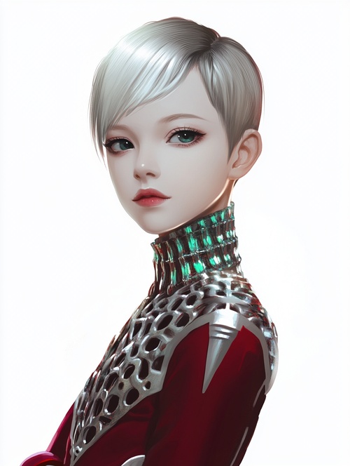 tomboy, beautiful, short hair, white face, red suit,美少女,高,斜刘海,看向屏幕,精致五官,完美的脸,发光皮肤,干净的脸,清晰面部特征,浅笑,白色背景,单手叉腰