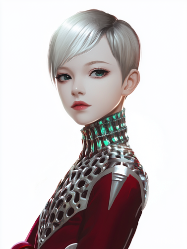 美丽短发少女红色套装清新优雅