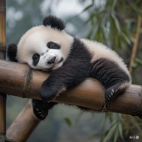 可爱熊猫在竹杆上睡觉的迷人细节