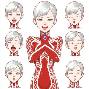 girl, tomboy, handsome, white face, green eyes, red suit, white patterns on suit, half body picture, 9 poses and expressions, emotions[happy, cute, expecting, laughing, shy, expressing love, etc.], japanese manga style, Line art, Sticker art,