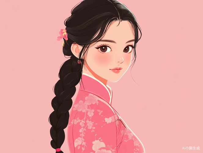 中国女孩黑发侧辫子粉色衣服扁平漫画风