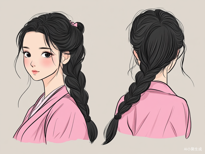中国女孩黑发侧辫子粉色衣服扁平漫画风