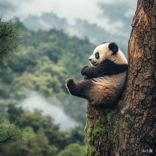 可爱熊猫幼崽躺在老树顶享受自然美景