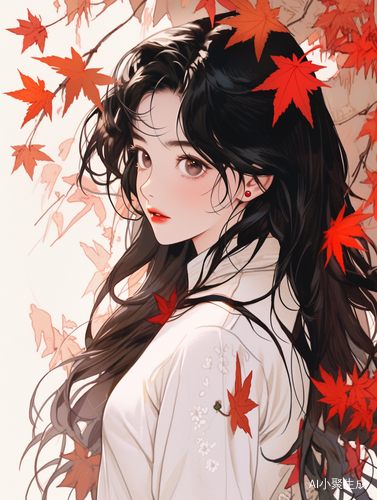 黑色波浪卷长发女生与红色枫叶林的手绘插画