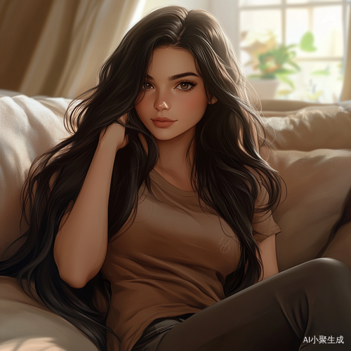 年轻女性沙发上数字插画风格的卡通形象