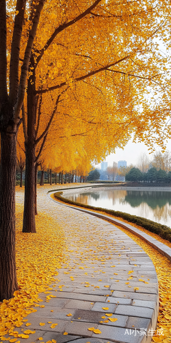 Park Circular Path with Golden Ginkgo Trees and Scenic Lake