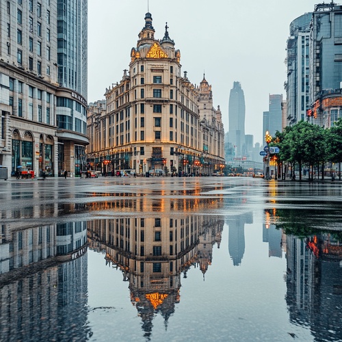 上海南京东路外滩万国建筑群雨天在地上形成清晰的倒影。高分辨率，超高清摄影作品。