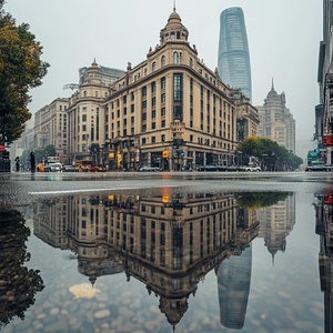 上海南京东路外滩万国建筑群雨天在地上形成清晰的倒影。高分辨率，超高清摄影作品。