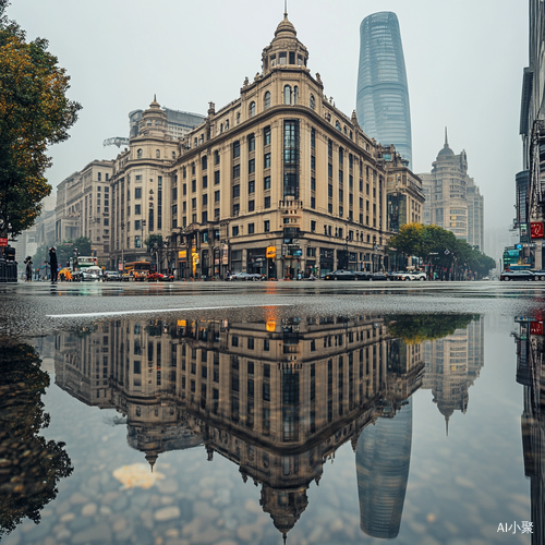 上海南京东路外滩万国建筑群雨天倒影摄影作品