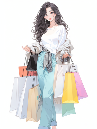 清新插画女孩购物场景超清细节