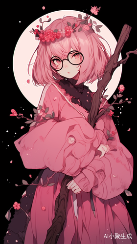 手拿拐杖的盲人女孩粉色裙子与花环