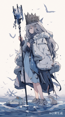 手持拐杖的盲人女孩在海面上穿着海水裙子戴着皇冠