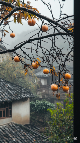 江南小镇烟雨朦胧柿子树挂满成熟果实