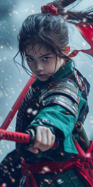 Cinematography with dynamic action shots of a 10-year-old Chinese boy in matcha green samurai armor and yukata mix, he's cute without weapons, red costume with red rope tied to his hair, realistic, wielding a red knife, dynamic pose, strong wind c 0 s 250 v 6.0 ar 9:16