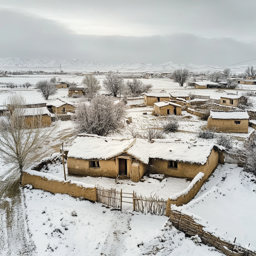 冬季村庄鸟瞰图小土坯房与白雪皑皑农家小院