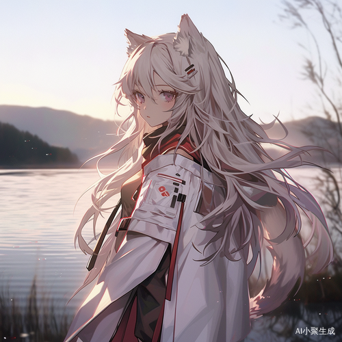 淡紫色长发少女在湖边的可爱猫耳风景