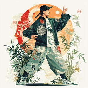 太极八卦元素的插画，人物，衣服上有太极元素设计，现代