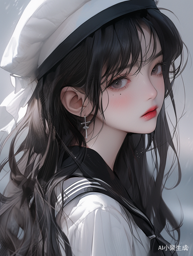 典雅女生穿极简白色水手服与黑色百褶裙的优美油画风格