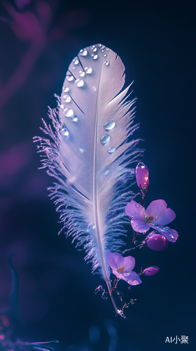 Fantasy Art of Translucent Feather with Water Droplets on Purple Background