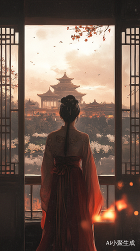 黄昏窗前的汉服女子与古建筑的雨中景色
