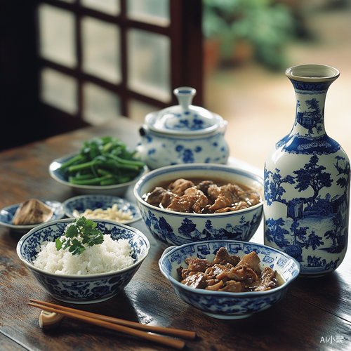 古朴中式餐桌上的禅意荷花与青花瓷美食