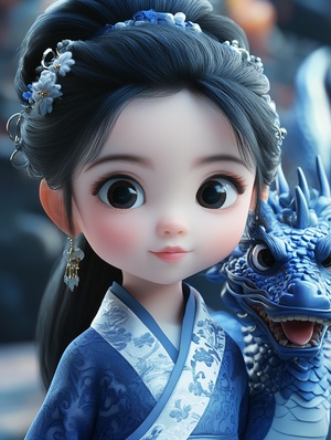 Full body 3D artwork, wearingtraditional Chinese dress Blue and white little girl, big eyes, black hair, Han Dynasty hair accessories, sweet smile, dragon beside little girl, dragon's pupil is black, colorful ink painting, blue and white glaze style, Baroque animal, Rococo style, background focal length 35mm f1.2, blender, OC renderer, high detail 8k, Studio lighting