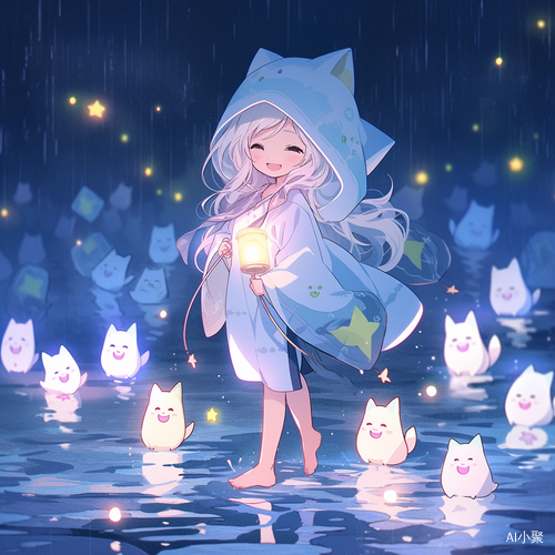 可爱女孩穿猫耳帽子雨衣手持星星夜景梦幻动漫风