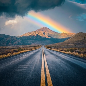 一条公路延伸向远方的高山，紧贴着高山的山峰有一道半圆形的亮丽的彩虹，图片像是站在公路上拿着相机拍摄出来的