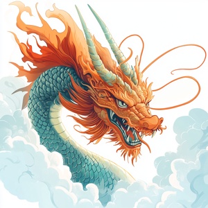 An anime-style dragon, using shades of turquoise and orange, with rich scale details, is presented in a flat illustration design against a background of clouds. The background is white with no shadows. In the frontal view, the dragon's head has blazing red hair and large, open tusks, showing off its sharp teeth. It radiates power through a majestic energy that emits intense light. This dragon symbolizes power and the beasts of ancient mythology.