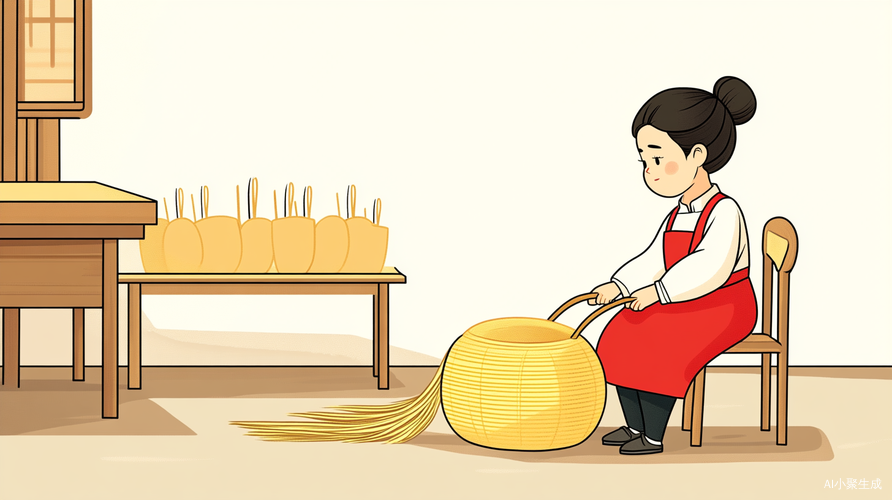 儿媳在工坊一角忙碌的近景描绘