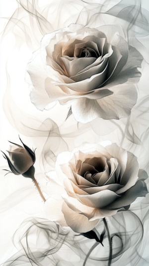 Ink painting, ethereal roses, light background, delicate brushstrokes, translucent petals, soft edges, dreamy atmosphere, delicate lines and curves, elegant style, light reflections on the flowers ar 9:16 v 6.1