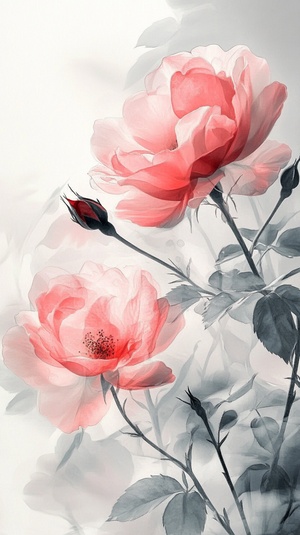 Ink painting, ethereal roses, light background, delicate brushstrokes, translucent petals, soft edges, dreamy atmosphere, delicate lines and curves, elegant style, light reflections on the flowers ar 9:16 v 6.1