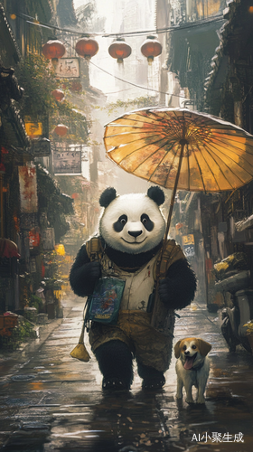 拟人化大熊猫与狗在街头漫步