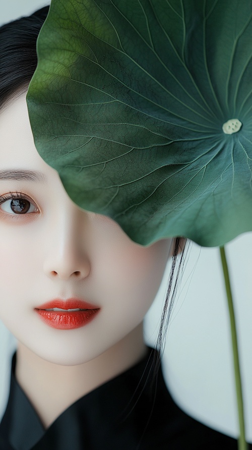 Mid-shot, half-length, elegant Shanghai woman, a large green lotus leaf on her face, covering half of her face, beautiful eyes, long eyelashes, smiling with red lips, clean face, smooth lines, black Hanfu, pure white background, ethereal Zen, large blank space above, minimalism