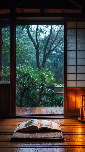 Outside the window, there is a thunderstorm with rain, while inside the wooden cabin, a cozy scene unfolds. In front of the floor-to-ceiling window, an orange warm glow illuminates the tatami mats where a book is spread open for quiet reading. The interior is bathed in warm tones with soft side lighting, captured with a slow shutter speed to convey tranquility and a healing atmosphere.