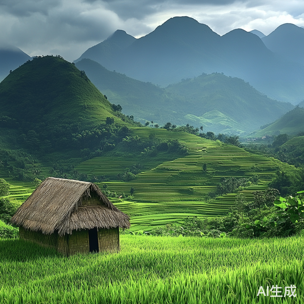 越南河内古老茅草屋与绿色稻田和梯田村庄风光